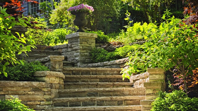 Flagstone steps used in front yard landscaping